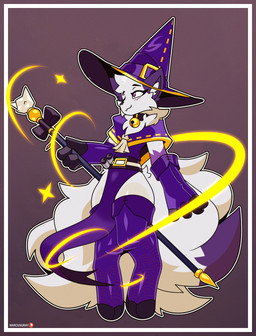 anthro bell bell_collar belt clothed clothed_anthro clothed_male clothing collar femboy fingerless_gloves fluffy fluffy_tail fur gloves gloves_(marking) handwear hat headgear headwear leg_markings legwear magic_user male markings multi_tail neck_tuft purple_ears purple_eyes small_waist smile socks_(marking) solo staff star tail thick_thighs thigh_highs toeless_legwear tuft wizard_hat marcus_gray rook_(rookarino4277) canid canine fox mammal hi_res