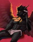 abs ambiguous_fluids anthro balls biped feathered_wings feathers genitals hair looking_at_viewer male scar solo towel wings qrichy mythology dragon mythological_creature mythological_scalie scalie hi_res