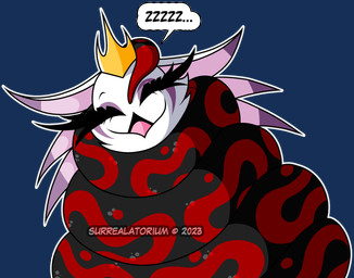 anthro anthro_on_feral beak bestiality black_body black_scales coiling coiling_around_body crown duo eyelashes eyes_closed feather_hair feathers female female_on_feral feral headgear long_eyelashes male male/female markings pink_beak pink_feather_hair pseudo_hair red_body red_markings red_scales scales simple_background sleeping smile solo_focus sound_effects tail_on_head thick_eyelashes transparent_background vowelless vowelless_sound_effect white_body white_feathers zzz surrealatorium hellaverse helluva_boss crimson_the_snake stella_(helluva_boss) avian avian_demon demon reptile scalie snake 2023 alpha_channel hi_res