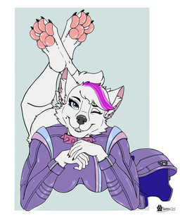 anthro armor bottomless bottomless_anthro bottomless_female breasts claws clenched_teeth clothed clothing collar crossed_legs fangs female fur hair headgear helmet inner_ear_fluff looking_at_viewer lying on_front one_eye_closed paws smile smiling_at_viewer solo teeth topwear tuft white_body white_fur wink winking_at_viewer marcushunter paw_patrol roxi_(paw_patrol) canid canine canis domestic_dog mammal 2025 signature