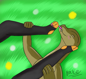anthro clothing duo eyes_closed feet female foot_fetish foot_in_face foot_lick foot_play fur grass green_background green_body green_scales hand_on_legs legwear licking male male/female nude nude_male offscreen_character plant satisfied scales simple_background smile stockings tongue yellow_body yellow_fur bake_a_snake canid canine fox mammal reptile scalie snake true_fox hi_res