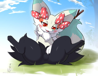 3_fingers 3_toes accessory alternate_color ambiguous_anthro ambiguous_gender anthro big_ears biped black_body black_fur blush blush_lines bow_ribbon cheek_tuft cloud day dipstick_ears ear_markings eyelashes facial_tuft fangs featureless_crotch feet fingers fur glistening glistening_eyes glistening_legs glistening_thighs grass green_ear_tips green_nose green_tail grey_body grey_fur grey_tail hair_accessory hair_bow hair_ribbon looking_at_viewer makeup markings multicolored_body multicolored_ears multicolored_eyes multicolored_fur multicolored_tail navel neck_tuft nude nude_ambiguous nude_anthro on_grass on_ground open_mouth open_smile orange_eyes plant pokemorph red_eyes ribbons sky smile solo spread_legs spreading stick tail teeth text thick_thighs toes tongue tongue_showing tuft white_body white_fur young young_ambiguous young_anthro eryz nintendo pokemon fan_character braixen canid canine generation_6_pokemon mammal pokemon_(species) 2025 absurd_res digital_drawing_(artwork) digital_media_(artwork) hi_res signature