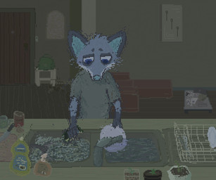 anthro bleak_ambiance blue_body blue_fur blue_inner_ear blue_nose cleaning clothed clothed_anthro clothed_male clothing door floor fur green_clothing green_shirt green_t-shirt green_topwear holding_object holding_plate inside kitchen male plant plant_pot plate potted_plant shirt sink solo t-shirt topwear wood wood_floor demensa emil_(demensa) canid canine canis coyote domestic_dog mammal 2018 6:5 digital_media_(artwork) pixel_(artwork)