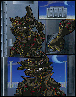 anthro belt big_breasts black_border border bottomwear breasts building clothing crop_top female fence fur gloves gun hair handwear hat headgear headwear huge_breasts jacket night ranged_weapon shirt shorts topwear weapon virus-20 june_coyote canid canine canis coyote mammal 2014 comic digital_media_(artwork)