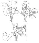 anthro breasts clothed clothing duo female looking_at_viewer simple_background text white_background feretta tumblr fenavi_montaro morgan_laranda ailurid canid canine fennec_fox fox mammal red_panda true_fox digital_media_(artwork) english_text monochrome herm_(lore)