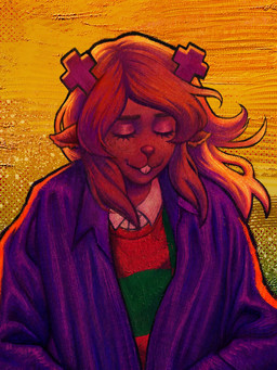 anthro antlers blonde_hair buckteeth checkered checkered_clothing checkered_shirt checkered_topwear clothed clothed_female clothing eyelashes eyes_closed female hair horn jacket pattern_clothing pattern_shirt pattern_topwear red_nose shirt simple_background solo teeth textured_background topwear yellow_background name_is_less deltarune undertale_(series) noelle_holiday deer mammal 2026 digital_media_(artwork) digital_painting_(artwork) hi_res painting_(artwork)