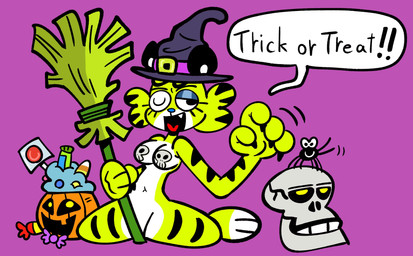 anthro bone breasts broom candy_bucket cleaning_tool clothing convenient_censorship dialogue duo female feral furgonomic_witch_hat hat hat_only headgear headgear_only headwear headwear_only holidays jack-o'-lantern mostly_nude mostly_nude_anthro mostly_nude_female one_eye_closed open_mouth pasties_only skull skull_pasties speech_bubble text toony witch_hat_only lacaslulay1934 halloween lime_(lacaslulay1934) arachnid arthropod felid mammal pantherine spider tiger 2025 digital_drawing_(artwork) digital_media_(artwork) english_description english_text hi_res