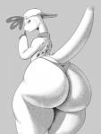 anthro big_butt butt clothed clothing crossdressing hat headgear headwear huge_butt huge_thighs looking_back male panties solo thick_thighs underwear sqoon hanna-barbera the_flintstones dino_(flintstones) dinosaur prehistoric_species reptile scalie snorkasaurus 2019 absurd_res greyscale hi_res monochrome