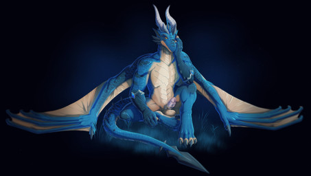 anthro arm_spikes balls black_background black_markings blue_background blue_body cheek_spikes erection facial_spikes genital_markings genitals horn humanoid_genitalia humanoid_penis looking_at_viewer male markings nude orange_eyes penis penis_markings scale_markings scales simple_background solo spiked_tail spikes spikes_(anatomy) tail tan_body wings essence_of_rapture blizzard_entertainment european_mythology mythology warcraft zeranthal dracthyr dragon mythological_creature mythological_scalie scalie western_dragon absurd_res hi_res smaller_version_at_source