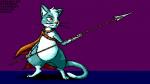 ambiguous_gender cape clothing holding_object holding_weapon melee_weapon polearm red_eyes solo spear weapon emenius flygon_(artist) domestic_cat felid feline felis mammal 16:9 digital_media_(artwork) pixel_(artwork)