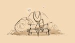 2_horns anthro bench black_eyes black_text cloak clothing duo female hand_on_lap horn male simple_background sitting tan_background text tired jubb hollow_knight team_cherry hornet_(hollow_knight) the_knight_(hollow_knight) arthropod insect vessel_(species) 2020 artist_name english_text signature sibling_(lore)