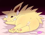 bodily_fluids censor_bar egg_vibrator female feral genital_fluids genitals lying pussy sex_toy solo vaginal_fluids vibrator yellow_body rumine nintendo pokemon eeveelution generation_1_pokemon jolteon pokemon_(species) censored