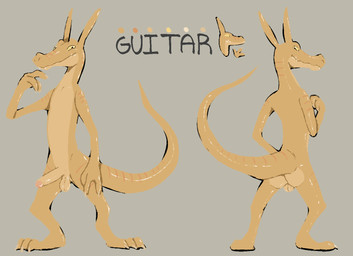 3_fingers 3_toes anthro backsack balls butt fangs feet fingers genitals humanoid_genitalia humanoid_penis looking_at_viewer looking_back male nude penis stripes tan_body teeth toes yellow_eyes guitarzard kobold scalie model_sheet