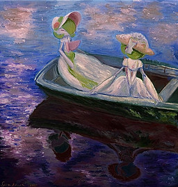 ambiguous_gender boat clothing duo eyes_closed green_pseudo_hair hat headgear headwear holowear_(pokemon) looking_at_another one_eye_obstructed pink_eyes pseudo_hair reflection sitting vehicle water watercraft white_body gyuragyura nintendo pokemon pokemon_unite fashionable_style_gardevoir generation_6_pokemon humanoid mega_evolution mega_gardevoir pokemon_(species) 2025 inspired_by_formal_art signature