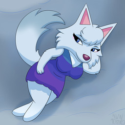 anthro big_breasts biped blue_eyes breasts clothing dress female fingers fur grey_body grey_fur hair half-closed_eyes hand_behind_head humanoid_hands looking_aside lying narrowed_eyes on_side outside pose purple_clothing purple_dress short_hair smile snow solo tail text white_body white_fur white_hair alwinmeistro animal_crossing nintendo whitney_(animal_crossing) canid canine canis mammal wolf 1:1 absurd_res artist_name colored full-length_portrait hi_res portrait shaded