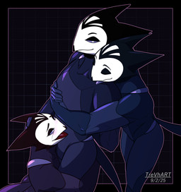 anthro black_body black_bodysuit black_clothing black_hair black_latex black_skinsuit blush bodysuit clone clothed clothed_anthro clothed_male clothing dominant dominant_male gloves hair hand_behind_back hand_on_head handwear hug kneeling latex latex_bodysuit latex_clothing latex_skinsuit male multicolored_body skinsuit smile submissive submissive_male suit tight_clothing tight_suit two_tone_body white_body trevhart n-1_enoch avian bird owl 2025 absurd_res hi_res