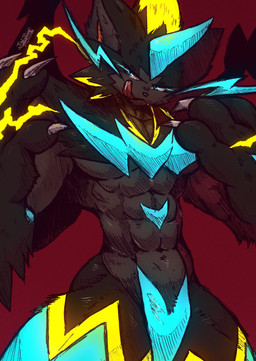 abs anthro athletic athletic_male biceps biped black_body black_fur black_nose blue_eyes bodily_fluids claw_fingers claws dark_body dark_skin darkness electricity fangs fluffy front_view fur inner_ear_fluff lean_muscle licking licking_lips lightning male muscle_tone muscular muscular_anthro muscular_male pawpads paws pecs simple_background small_waist smile solo standing static_electricity teeth thick_thighs tongue tongue_out tuft wasp_waist jwbash game_freak nintendo pokemon pokemon_legends_z-a felid feline generation_9_pokemon legendary_pokemon mammal mega_evolution mega_zeraora pokemon_(species) absurd_res digital_media_(artwork) hatching_(art) hi_res shaded