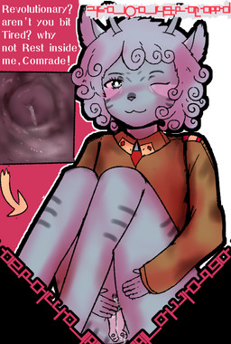 :3 anthro blue_body blue_skin blush cervix clitoris clothed clothing communism duo ear_tuft female first_person_view genitals hair head_first internal internal_vaginal macro micro military_uniform partially_clothed politics poster propaganda propaganda_poster stripes text tuft unbirthing uniform vaginal vore vulva white_hair teruni-inamor commissar_thalasa alien virelli