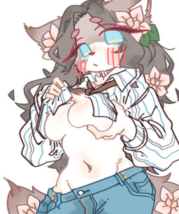 accessory anthro blue_bottomwear blue_clothing blue_eyes blue_pants blush blush_lines bottomwear breast_squish breasts brown_markings clothing eyelashes female flower flower_in_hair fur hair hair_accessory holding_breast long_eyelashes long_hair looking_at_viewer markings medium_breasts navel pants pattern_clothing pattern_topwear plant simple_background solo squish striped_clothing striped_topwear stripes tail tan_body tan_fur topwear topwear_lift under_boob white_background kgs701 domestic_cat felid feline felis mammal 2024 5:6 colored colored_sketch digital_drawing_(artwork) digital_media_(artwork) hi_res shaded sketch