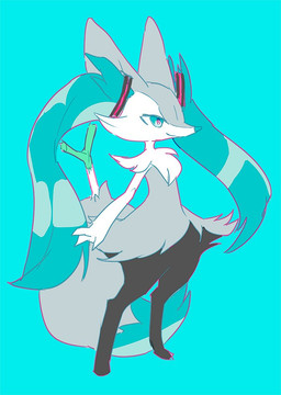 3_fingers alternate_color ambiguous_anthro ambiguous_gender anthro arm_tuft big_tail biped blue_background blue_eyes blue_hair blue_nose blue_tail_tip cheek_tuft chest_tuft closed_smile cosplay crossover_cosplay digitigrade dipstick_tail facial_tuft featureless_crotch fingers flat_chested food front_view fur grey_body grey_fur grey_tail hair hip_tuft leek markings mouth_closed nude_ambiguous nude_anthro object_in_tail onion plant shoulder_tuft simple_background smile solo standing tail tail_markings tapering_snout three-quarter_view tuft vegetable white_body white_fur tattanbu nintendo pokemon vocaloid yamaha_corporation hatsune_miku braixen canid generation_6_pokemon mammal pokemon_(species) 2016 cel_shading crossover digital_drawing_(artwork) digital_media_(artwork) full-length_portrait japanese_description portrait shaded