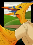 anthro beak blue_eyes blue_tongue clothed clothing looking_at_viewer male membrane_(anatomy) membranous_wings open_mouth outside shirt side_view solo t-shirt tan_clothing tan_shirt tan_t-shirt tan_topwear tongue topwear winged_arms wings yellow_beak yellow_body yellow_wings imperatorcaesar prehistoric_species reptile scalie alpha_channel bust_portrait portrait