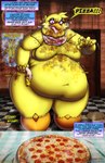 anthro beak belly belly_expansion bib big_belly big_breasts blood bodily_fluids breasts breath cheese dairy_products deep_navel dialogue door drooling expansion fat_rolls feathers featureless_breasts female fingers food gore machine messy navel obese obese_anthro obese_female open_mouth overweight overweight_anthro overweight_female panting pepperoni pepperoni_pizza pink_eyes pizza pizza_slice saliva solo speech_bubble stuffing teeth text thick_thighs tongue tongue_out weight_gain weight_gain_drive yellow_body yellow_feathers viroveteruscy five_nights_at_freddy's scottgames chica_(fnaf) animatronic avian bird chicken galliform gallus_(genus) phasianid robot 2024 absurd_res digital_media_(artwork) english_text hi_res