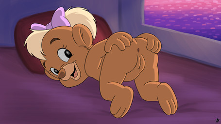 accessory anthro anus bed bow_ribbon brown_body butt feet female fingers fur furniture genitals hair hair_accessory hair_bow hair_ribbon hand_on_butt loli looking_at_viewer looking_back nude on_bed open_mouth pillow presenting presenting_hindquarters ribbons smile solo spread_butt spreading toddler toes vulva young young_anthro young_female omatic disney talespin bear mammal ursine 16:9 digital_media_(artwork) hi_res widescreen