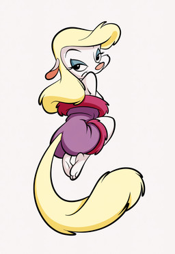 anthro barefoot bathrobe blonde_hair breasts butt clothing eyeshadow feet female fur hair looking_at_viewer looking_back looking_back_at_viewer makeup narrowed_eyes pink_nose robe side_boob smile solo tail white_body white_fur yellow_tail stanmort animaniacs warner_brothers minerva_mink mammal mink mustelid musteline true_musteline hi_res