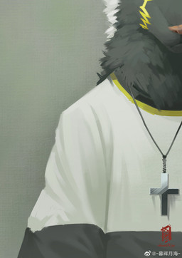 anthro clothing facial_markings front_view fur grey_body grey_clothing grey_fur grey_shirt grey_topwear head_markings jewelry logo male male_anthro markings mouth_closed necklace pink_nose shirt simple_background solo topwear weibo_logo white_clothing white_shirt white_topwear yellow_markings awaldkize weibo mammal species_request artist_logo hi_res