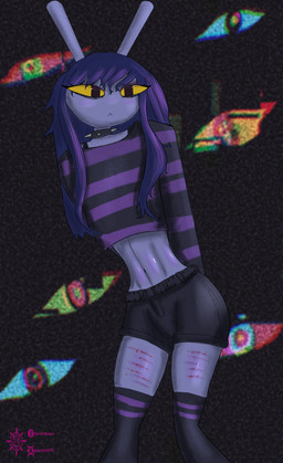 belt black_bottomwear black_choker black_clothing black_collar black_hair black_jewelry black_legwear black_necklace black_shorts black_thigh_highs blood blood_drip blood_on_leg bodily_fluids bottomwear butt choker clothing collar crop_top dripping hair hands_behind_back jewelry legwear long_hair long_sleeve_shirt navel necklace off-shoulder_top pattern_clothing pattern_shirt pattern_topwear purple_body shirt shorts spiked_collar spikes striped_clothing striped_crop_top striped_shirt striped_topwear stripes thigh_highs topwear wearing_collar wounded yarrivk yarrivkminocon glitch_productions the_amazing_digital_circus gooseworx's_post-transition_jax_design jax_(tadc) lagomorph leporid mammal absurd_res hi_res trans_(lore) trans_woman_(lore)