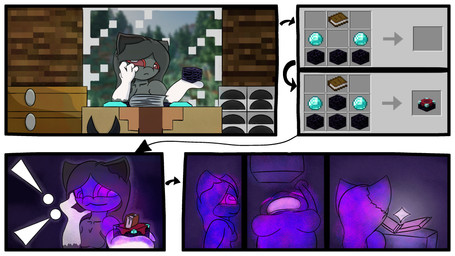 anthro black_body black_fur book comic_panel crafting_table diamond_(gem) enchanting_table enchantment female fur gem grey_body grey_fur humor magic mind_control pink_eyes purple_body purple_eyes purple_fur red_eyes simple_background simple_coloring solo to_be_continued toony tripping white_body white_fur twotone microsoft minecraft mojang xbox_game_studios nameless_(twotone) felid feline mammal absurd_res comic hi_res shaded simple_shading