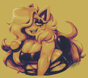 :3 anthro big_breasts bottomwear bracelet breasts choker cleavage cleavage_cutout clothed clothed_anthro clothed_female clothing cutout eyebrows eyelashes featureless_hands female female_anthro fishnet_clothing fluffy fluffy_hair front_view fur glistening glistening_body glistening_breasts glistening_fur glistening_hair hair hair_over_eye jewelry long_hair necklace noseless one_eye_obstructed open_:3 open_mouth open_smile pointy_ears prick_ears purple_shading sharp_teeth shorts simple_background slightly_chubby slightly_chubby_anthro slightly_chubby_female smile solo tail teeth text three-quarter_view torn_bottomwear torn_clothing torn_shorts wide_hipped_anthro wide_hipped_female wide_hips yellow_background toxicsoul77 animal_crossing nintendo toon_michaela domestic_cat felid feline felis mammal 2020 absurd_res artist_name dated digital_media_(artwork) digital_painting_(artwork) half-length_portrait hi_res painting_(artwork) portrait restricted_palette shaded signature