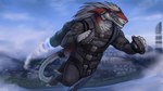 city city_background cloud eyewear flying fur goggles jet_pack male red_body red_fur solo tail marsel-defender sergal 16:9 widescreen