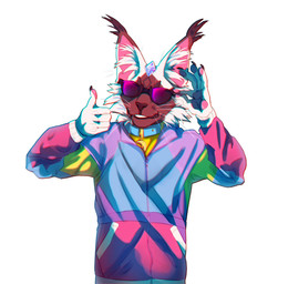 anthro blue_clothing blue_collar blue_topwear brown_body brown_fur brown_nose cheek_tuft clothed clothing collar ear_tuft eyewear facial_tuft front_view fur gesture hand_gesture inner_ear_fluff male obscured_eyes pink_clothing pink_inner_ear pink_topwear simple_background smile solo sunglasses thumbs_up topwear tuft unsigned whiskers white_background white_body white_fur white_inner_ear_fluff yellow_clothing yellow_topwear justkiddinb felid feline lynx mammal half-length_portrait hi_res portrait