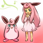 1:1 abstract_background alternative_fashion ambiguous_gender animal_humanoid barefoot chibi clothing cosplay dress duo feet female feral generation_1_pokemon gradient_background green_eyes hair hitec human humanoid j-fashion lolita_(fashion) mammal nintendo pink_hair pokemon pokemon_(species) simple_background standing wigglytuff young