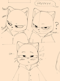 anthro blush clothed clothing duo eyebrows front_view fur half-closed_eyes hoodie looking_at_another male narrowed_eyes offscreen_character question_mark raised_eyebrow standing surprised text topwear sushiamazing working_buddies! kuehiko_roshihara domestic_cat felid feline felis mammal 2026 absurd_res digital_media_(artwork) english_text guide_lines hi_res monochrome sketch