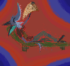 abstract_background anthro blue_body blue_fur bottomwear brown_clothing brown_shirt brown_t-shirt brown_topwear clothing eyes_closed food fur green_bottomwear green_clothing green_pants holding_food holding_object holding_pizza imminent_eat lying male on_back open_mouth open_smile pants pizza shirt side_view smile solo t-shirt teeth topwear demensa emil_(demensa) canid canine canis coyote domestic_dog mammal 2018 digital_media_(artwork) pixel_(artwork)