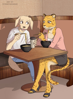 anthro beverage bottomwear bowl chopsticks clothed clothing container detailed_background duo eating female food fur furgonomics furniture holding_beverage holding_chopsticks holding_object looking_at_another looking_down male male/female noodles open_mouth restaurant romantic romantic_couple shirt sitting skirt smile t-shirt table tail tail_through_skirt teeth tongue topwear yellow_body yellow_fur tommysamash beastars jack_(beastars) sheila_(beastars) bird_dog canid canine canis domestic_dog felid feline hunting_dog labrador leopard mammal pantherine retriever 2020 digital_media_(artwork) hi_res