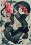 breasts clothed clothing female hair monster_girl_(genre) nipples red_hair topless nayshie avian bird human mammal reptile scalie snake traditional_media_(artwork)