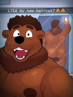 anthro backsack balls big_butt blush brown_body brown_fur butt butt_tattoo darkened_balls darkened_genitalia electronics fur genitals looking_at_viewer male mirror mirror_selfie moobs nipples nude open_mouth open_smile phone reflection ruff selfie sending_nudes slightly_chubby smile smiley_face social_media solo tattoo tombutad benny_(bennyafterdark) bear mammal absurd_res hi_res