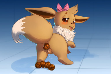 accessory animal_genitalia animal_vulva anus blue_background blush bodily_fluids bow_ribbon brown_body brown_eyes brown_fur brown_inner_ear brown_inner_ear_fluff canine_genitalia canine_vulva dipstick_tail dripping_pussy feces feces_on_ground female female_pooping feral floor fur genital_fluids genitals gradient_background hair_accessory hair_bow hair_ribbon head_tuft heart_eyes heart_symbol inner_ear_fluff looking_at_viewer looking_back looking_back_at_viewer markings narrowed_eyes pink_hair_bow pooping pooping_on_floor raised_tail ribbons ruff scatplay simple_background smile solo tail tail_markings tile tile_floor tongue tongue_out tuft vaginal_fluids vulva white_body white_fur gekasso nintendo pokemon eevee generation_1_pokemon pokemon_(species) hi_res