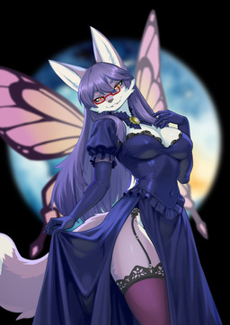 anthro biped breasts clothed clothed_anthro clothed_female clothing eyewear female fingers front_view fur glasses hair looking_at_viewer smile solo standing wings treyer canid canine fox mammal 2026 absurd_res digital_drawing_(artwork) digital_media_(artwork) hi_res