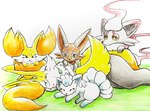 ambiguous_gender anthro blush blush_lines brown_body brown_fur exhausted eyes_closed feral fur grey_body grey_fur group happy inner_ear_fluff lying on_grass on_side orange_body orange_fur paws tuft white_body white_fur yellow_body yellow_eyes yellow_fur eiroru nintendo pokemon alolan_form alolan_vulpix braixen canid canine fennekin generation_6_pokemon generation_7_pokemon generation_8_pokemon hisuian_form hisuian_zorua mammal nickit pokemon_(species) regional_form_(pokemon) 2025 hi_res