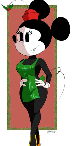 anthro apron bite biting_lip breasts clothing duo eyelashes female footwear gloves hands_on_hips handwear hat headgear headwear holidays holly_(plant) pie_cut_eyes plant shoes side_boob thick_thighs bunbunmuffins christmas disney minnie_mouse house_mouse mammal mouse murid murine rodent 2022 absurd_res dated hi_res