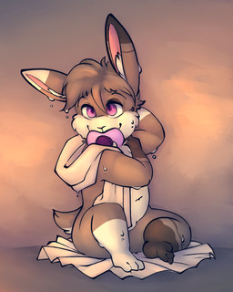 ambiguous_gender anthro brown_body brown_fur countershading crotch_lines fur leg_markings looking_at_viewer male markings object_in_mouth pacifier pacifier_in_mouth purple_eyes sitting socks_(marking) solo wet young young_anthro battler lhu_(battler) lagomorph leporid mammal rabbit 4:5 hi_res andromorph_(lore) male_(lore)