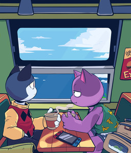 anthro backpack beverage blue_body blue_fur clothed clothing cloud coffee duo electronics fur game_console inside_train male multicolored_body multicolored_fur purple_body purple_fur sea sitting toony train two_tone_body two_tone_fur vehicle water window owy animal_crossing nintendo nintendo_switch bob_(animal_crossing) rover_(animal_crossing) domestic_cat felid feline felis mammal 2019 absurd_res digital_drawing_(artwork) digital_media_(artwork) hi_res