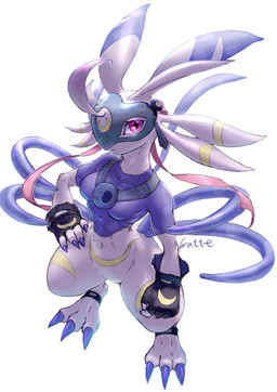 abs anthro armor blush breasts claws clothing crescent_moon featureless_breasts featureless_crotch female fingerless_gloves gloves gloves_only hand_on_hip handwear handwear_only high-angle_view long_nails looking_at_viewer mask moon mostly_nude multi_tail multicolored_body navel pink_body pink_skin pose red_eyes small_breasts solo tail thick_thighs toe_claws wattesamawel bandai_namco digimon digimon_(species) lagomorph lekismon leporid mammal rabbit 2026 hi_res signature