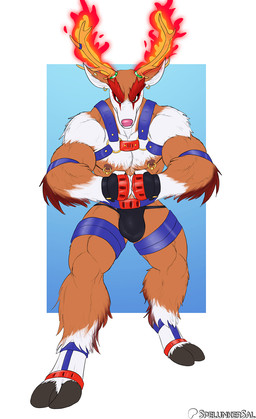 anthro antlers balls_outline biped bulge clothed clothing cloven_hooves detailed_bulge ear_piercing fire fur genital_outline gloves green_eyes handwear harness hooves horn looking_at_viewer male male_anthro muscular muscular_anthro muscular_male nipple_piercing nipple_ring nipples pecs piercing pose ring_piercing simple_background solo standing thong underwear unguligrade spelunker_sal capcom mega_man_(series) mega_man_x_(series) flame_stag deer mammal maverick_(mega_man) reploid 2025 digital_media_(artwork) hi_res