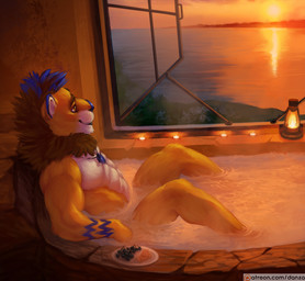 anthro bathtub male mane patreon_logo solo steam sunset text warm wet conditional_dnp danza patreon felid lion mammal pantherine english_text url