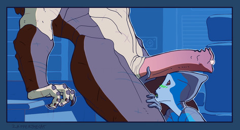 animal_genitalia big_penis blue_body blue_skin blush blush_lines bodily_fluids body_worship carapace chair claws desk drooling duo furniture genital_fluids genital_worship genitals green_flesh holding_penis horizontal_pupils huge_penis kneeling krell_sulak_(anathema) leaking_precum lirum_selis_(anathema) male male/male muscular muscular_male natural_armor penile penis penis_on_face penis_worship precum pupils red_eyes red_lighting saliva scar scars_all_over sheath side_view size_difference skinny table unusual_anatomy unusual_genitalia unusual_penis white_body white_skin zapperthecat bioware electronic_arts mass_effect alien krogan salarian hi_res